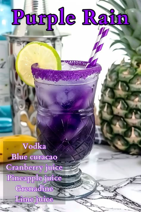 Purple Rain Drink Cocktails, Drinks For Parties Alcoholic, How To Make Mixed Drinks, Drinks To Make Alcoholic, Mixed Drink Ideas For Parties, Purple Cocktail Recipes, Purple Mixed Drinks Alcohol, Amf Drink Recipe, August Cocktails