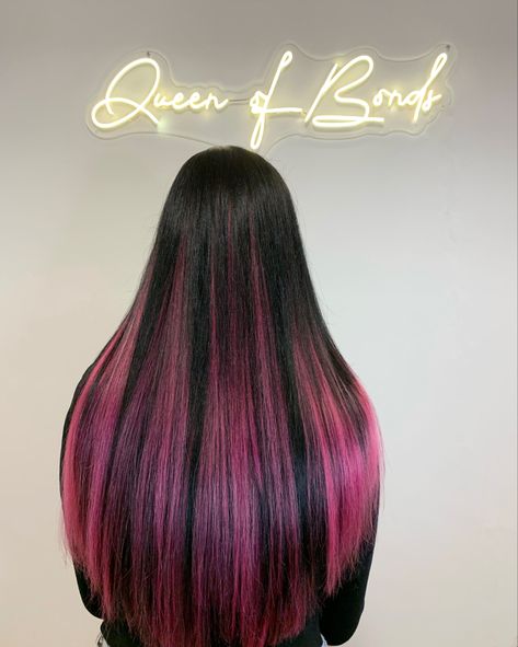 Black Hair Pink Extensions, Colored Tape In Extensions, Black Hair With Pink Tips, Pink Extensions Hair, Pink And Black Hair Ideas, Pink Highlights In Black Hair, Pink Hair Transformation, Draculaura Hair, Black And Pink Hair