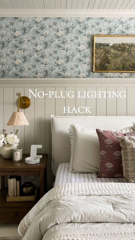 Comment MAGIC2 and I’ll instantly send you a link to shop my favorite no-plug lighting trick. I didn’t want to hardwire these bedroom… | Instagram Sconces Behind Bed, Wall Sconces Over Bed, Bedside Scones Ideas, Wall Sconces Nursery, Bed Side Sconces Master Bedrooms, How To Plug In Lamps In Middle Of Room, Bedroom Sconces Bedside Placement, Plug In Sconces Next To Bed, Sconces Over Bed