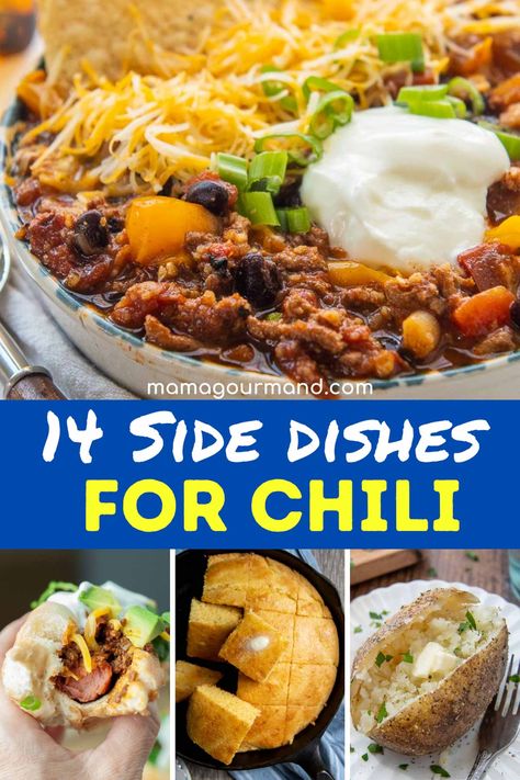 If you are wondering what to eat with chili, it's all here! Chili makes a filling meal on its own, but many people like to serve it with sides, breads, and finger foods when tailgating, watching the big game, hosting a chili cook-off, or party. Food That Goes With Chili, What To Eat With Chili, Side Dishes For Chili, Chili Side Dishes, Chili Sides, Chili Party, Chili Dinner, Chili Toppings, Chili Cook Off