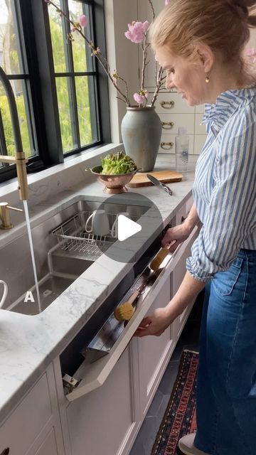 Sarah Robertson on Instagram: "A power cleanup area is always a big focus of ours in every kitchen we design. There’s a few elements we love best, including our own Steppe Sink through @nantucketsinks (currently SOLD OUT but I think they will have a restock soon. )  We also love a hardworking compost area and this one is an easy DIY with stainless bins from @webstaurantstore … we now have a custom model through @bradcostainless that we designed ourselves if you prefer the fancier approach!!  Are you a composter?  We tend to take scraps straight to the yard and find our trash “production” has easily been cut in half…😊" Steppe Sink, Big Sink Kitchen, Trash Bin Design, Compost Area, Kitchen Island Sink, Kitchen Sink Area, Sarah Robertson, Kitchen Compost, Kitchen Island With Sink