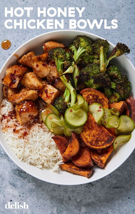 Hot Bowls Recipes, Sweet Green Hot Honey Chicken Bowl, Fall Rice Bowl, Hot Honey Chicken Rice Bowl, Chicken Poke Bowl Ideas, Rice Bowls Healthy Easy, Hot Honey Chicken Bowl, Winter Dinner Ideas Healthy, Hot Honey Chicken And Rice