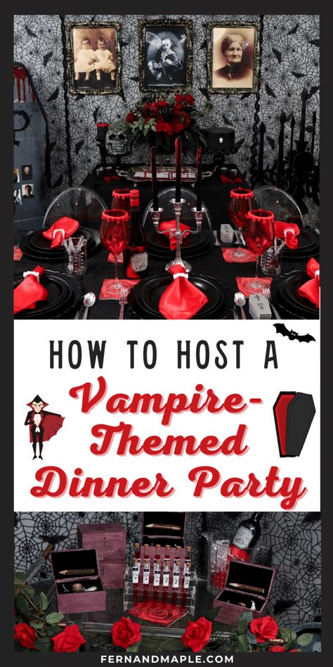 How to host an elegant Vampire-Themed Halloween Dinner Party, with dark gothic decor, table setting, dessert table, favor ideas and more! Get details and tons more Halloween Party ideas now at fernandmaple.com! Vampire Halloween Decorations Diy, Halloween Anniversary Party Ideas, Halloween Theme Table Decor, Vampire Halloween Party Ideas, Gothic Vampire Party Ideas, Red And Black Halloween Decorations, Halloween Decorations Vampire, Red And Black Halloween Party, Gothic Theme Party