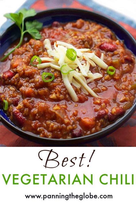 This homemade vegetarian chili is thick, satisfying and deliciously spiced. Loaded with veggies, beans and a special ingredient that makes it "meaty," this vegetarian chili is the absolute best. Even the meat lovers in my house look forward to veggie chili night!. #VegetarianChili #HealthyChili #VegetarianChiliRecipe Best Vegetarian Chili Recipe, Best Vegetarian Chili, Meatless Mains, Cooking Projects, Meat Chili, Healthy Chili, Hot Tamale, Vegetarian Chili Recipe, Veggie Chili