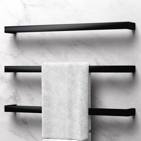 Heated Towel Racks Bathroom, Towel Rail Ideas, Black Towel Rail, Black Towel Bar, Modern Towels, Heated Towel Rack, Designer Bathroom, Bathroom Showrooms, Black Towels