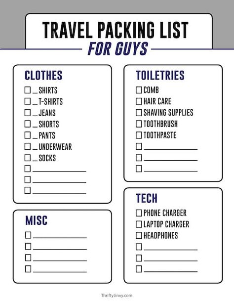 Packing Tips for Men - With a Handy Printable Packing Checklist! - Thrifty Jinxy Beach Vacation Packing List Men, Travel Packing List For Men, Men’s Packing List, Travel Checklist Men, Mens Packing List, Men’s Packing Checklist, Checklist For Traveling Packing Lists, Fall Travel Packing, Men’s Packing List Europe