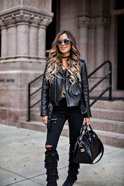 fashion blogger Mia Mia Mine wearing minnetonka moccasin fringe boots and a leather jacket Minnetonka Boots Outfit, Minnetonka Moccasins Outfit, Fringe Boots Outfit, Texas Outfits, Moccasins Outfit, Minnetonka Boots, Black Fringe Boots, Fall Boots Outfit, Winter Boots Outfits