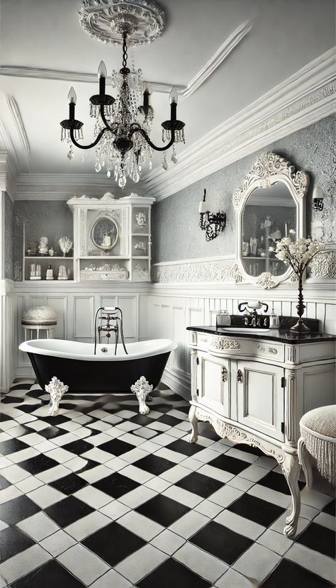 21 Stunning White and Black Bathroom Decorating Ideas You Need to See Now! 🖤✨ White Gothic Bathroom, Victorian House Bathroom, White And Black Bathroom, Black And White Bathroom Ideas, Large Family Photo, Restroom Ideas, White Bathroom Ideas, White Bathrooms, Checkered Floor