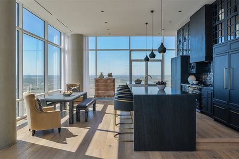 Single Wall Kitchen, Ceramic Backsplash, Dallas Apartment, Beige Floor, Modern Penthouse, Black Backsplash, Architectural Columns, Concept Kitchen, Downtown Apartment