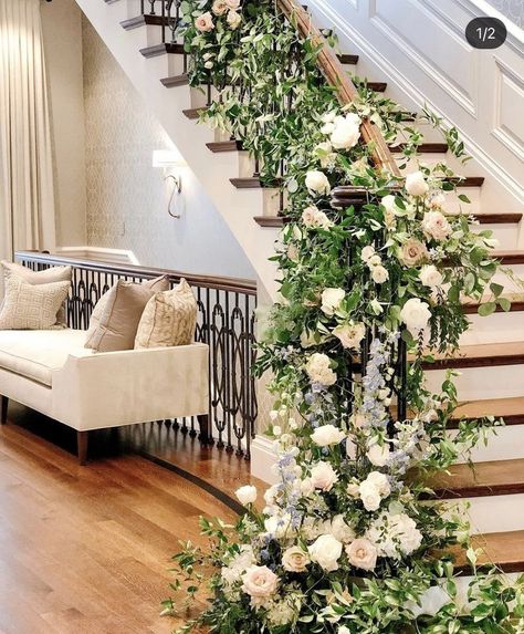 Flowers On Staircase, Wedding Stairs, Garland Wedding, Stair Railing, Flowers Diy, Railing, Fresh Flowers, Wedding Flowers, Wedding Decorations