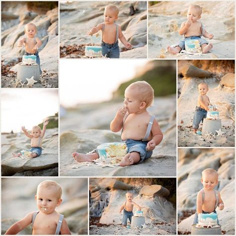 Smash Cake Beach, Beach Smash Cake Photoshoot, One Year Beach Photoshoot, Summer Cake Smash Boy, Beach First Birthday Pictures, First Birthday Beach Photos, Beach Cake Smash, Birthday At The Beach, Beach Photoshoot Family