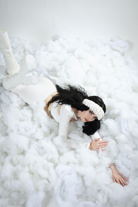 Snow themed Winter Set Design, Snow Bunny Photoshoot, Snow Angel Photoshoot, Fake Snow Photoshoot, January Photoshoot Ideas, Winter Wonderland Photoshoot, Snow Pics, At Home Photoshoot, Snow Clouds