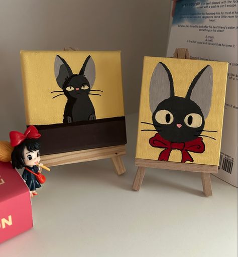 Simple Ghibli Painting, Studio Ghibli Canvas Art, Ghibli Easy Painting, Jiji Painting, Ghibli Canvas Painting, Studio Ghibli Painting Ideas, Ghibli Painting Ideas, Easy Mini Canvas Painting Ideas, Stickers To Draw