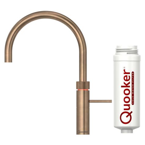 This 4-in-1 bundle comes with the Quooker Fusion Round tap and supporting cold water filter to make installation straightforward and hassle-free. Featuring a timeless, swan-neck design and a heritage, patinated-brass finish, this fixture from Quooker has a versatile look that will suit various decors. Instantly delivering boiling, hot, and cold water is a practical addition to any household, with an included carbon-activated filter removing impurities to produce a filtered chilled stream. This Increase Water Intake, Boiling Water Tap, Swan Neck, Premium Brand, Hard Water, Boiling Water, Kitchen Taps, Water Tap, 4 In 1