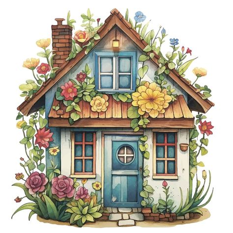 Premium Vector | Watercolor drawing cute flower house fairy house in vintage style House Pictures Drawing, Tiny House Drawing, Cottage House Drawing, Cute Fairy Drawings, House Drawing Sketches, Fairy House Drawing, Cartoon Houses, Cottage Drawing, House With Flowers