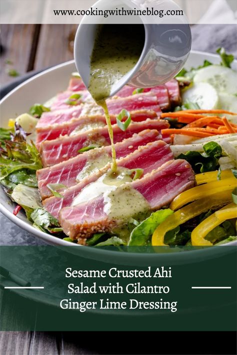 Tuna Steak Salad, Ahi Salad, Asian Ginger Dressing, Raw Fish Recipes, Seared Tuna Salad, Ahi Tuna Salad, Lime Salad Dressing, Seafood Recipes Scallops, Mixed Salad