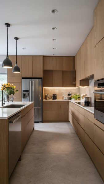 White Oak And Concrete Kitchen, Cedar Kitchen Cabinets Modern, Oak Kitchen Island Ideas, Alvic Luxe Kitchen, Flat Panel Oak Kitchen Cabinets, Natural Oak Kitchen Cabinets Modern, Kitchens With Oak Cabinets Ideas Modern, Oak Kitchen Ideas Modern, Light Brown Wood Kitchen Cabinets