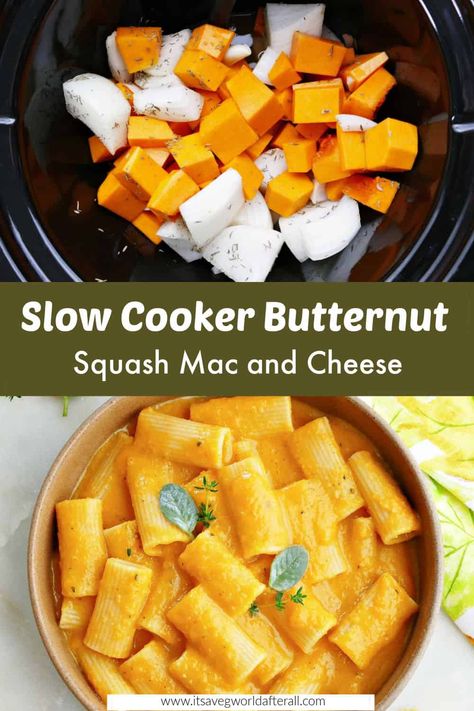 Butternut squash mac and cheese, but in the crockpot! This recipe is perfect for busy weeknights. The whole family can enjoy it, even your toddler or baby. Add the ingredients to the slow cooker before work or at lunchtime, and finish the recipe right before dinner.