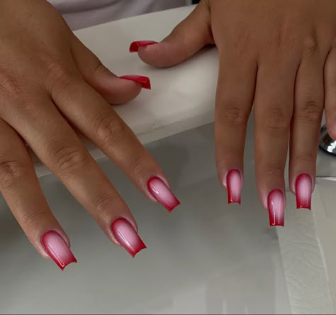 Almond Baddie Nails Acrylic, Basic Holiday Nails, Pink And Red French Nails, Acrylic Nails Square Short, Short Red French Tip Nails, Short Nail Manicure Ideas, Red Square Nails, Permanent Nails, Hello Nails