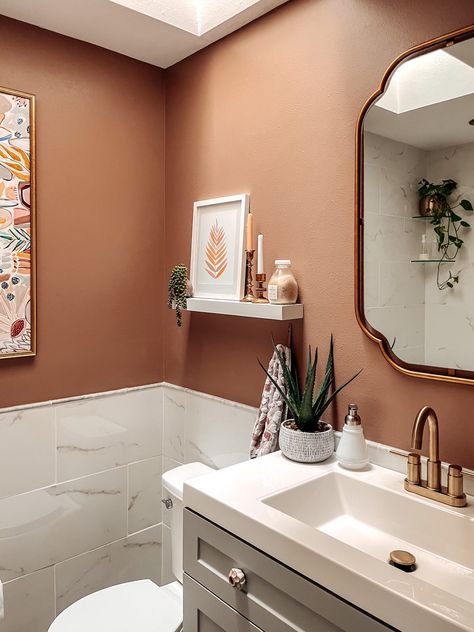 Modern Mocha Behr Paint Bathroom, Clay Color Bathroom Ideas, Rust And White Bathroom, Terracotta Panelling Bathroom, Blush And Brown Bathroom, Perfect Penny Behr Paint, Spa Half Bath, Peachy Brown Paint Color, Brown Walls Bathroom Ideas