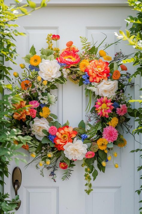 32 Gorgeous Summer Wreath Ideas To Brighten Up Front Doors Summer Wreaths, Multi Colored Outdoor Wreaths, Summer Door Hangers, Summer Wreath Colorful, Spring/summer Wreath Ideas, Pink And Yellow Wreath, Spring Wreath Pastel, Summer Wreath, How To Make Wreaths