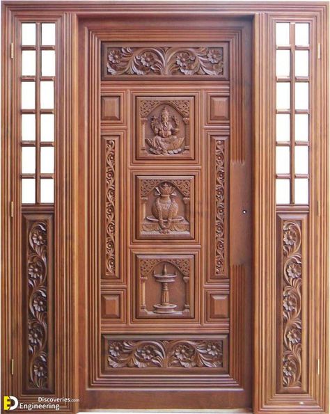 Top 40 Amazing Wooden Main Door Design Ideas | Engineering Discoveries Tor Design, House Front Wall Design, Pintu Interior, Pooja Door Design, Wooden Door Entrance, House Front Door Design, Traditional Front Doors, Modern Wooden Doors, Front Wall Design