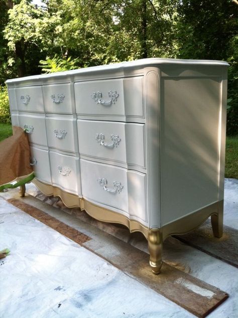 gold dipped furniture : how to Gold Distressed Furniture, White And Gold Painted Furniture, White And Gold Vintage Furniture, Gold Dipped Furniture, Gold Leaf Furniture Dressers, Refurbished Dresser White And Gold, Whir Distressed Furniture With Gold, Dipped Furniture, Pottery Barn Style