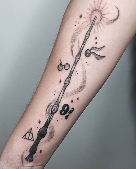 Inkursion on Instagram: “Elder wand from a few weeks ago, Done by @jessetruyensttt  Thanks Glenn! - - - - - #elderwand #harrypotter #dumbledore #voldemort…” I Open At The Close, Snitch Tattoo, Harry Potter Elder Wand, Harry Potter Tattoo Sleeve, Wand Tattoo, Harry Potter Golden Snitch, Elder Wand, Pen Tattoo, Harry Potter Tattoos