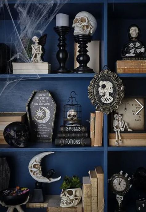 Navy Blue Gothic Bedroom, Shelf Trim Ideas, Goth Shelf Decor, Gothic Bookshelf Decor, Dark Bookshelf Aesthetic, Decorating Dark Bookshelves, Ttrpg Room, Dark Witch Room Aesthetic, Goth Bookshelf