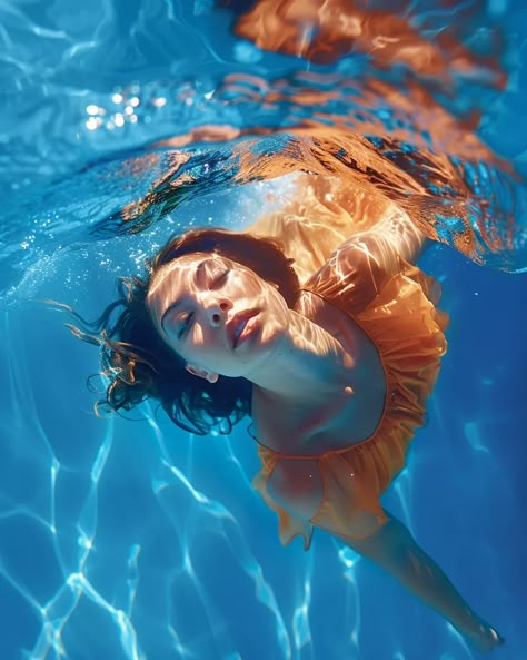 Kinfolk editorial cover, cenital shot, symmetrical composition, full shot of an indigenous latina model underwater. She strikes a beautiful pose underwater, wearing a dress. A full shot, Captured with a Mamiya Rb67 camera --v 6  --stylize 250 Underwater Shoot Models, Underwater Poses Reference, Pose Underwater, Underwater Poses, Underwater Photography Pool, Water Reference, Girl Underwater, Women In Water, Symmetrical Composition