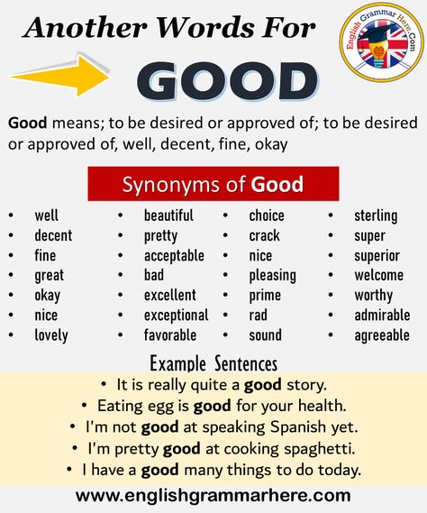 Another word for Good, What is another, synonym word for Good? Every language spoken around the world has its own characteristics. When learning a new language, it will be very useful to learn words for that language. In addition, in a language learning process, learning the words together with their synonyms will be even more useful when memorizing words. Learning a word with its synonyms increases our competence in that language. It helps us speak more fluently and clearly. +800 Synonym ... Another Word For Because, Good Synonyms, Another Word For Bad, Other Words For Good, Another Word For Good, Words For Good, Thesaurus Words, Synonyms For Awesome, Word Association