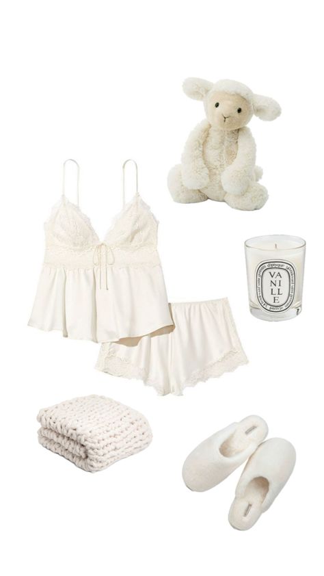 #coquette #inspo #pyjamas #pinterest #pink #white #beige #jellycat #fashion White Clean Girl Aesthetic, Cute Pijamas, Night Wear Pajamas, Elegant Loungewear, Pajamas Aesthetic, Vintage Pajamas, Cosy Outfit, Cute Pjs, Cute Sleepwear