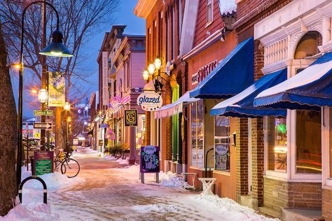 Beautiful old buildings and storefronts line lower Maine Street in Brunswick Maine at night after a. Brunswick Maine, Maine Photography, Christmas Place, Artist Website, Traditional Landscape, Winter Scene, Old Buildings, Artist Websites, Landscape Photographers