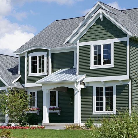 House Painted Green Exterior, Green Vinyl Siding House, Green Siding House, Mastic Vinyl Siding, Green Vinyl Siding, Mastic Siding, Vinyl Siding House, Vinyl Siding Colors, Green Exterior House Colors