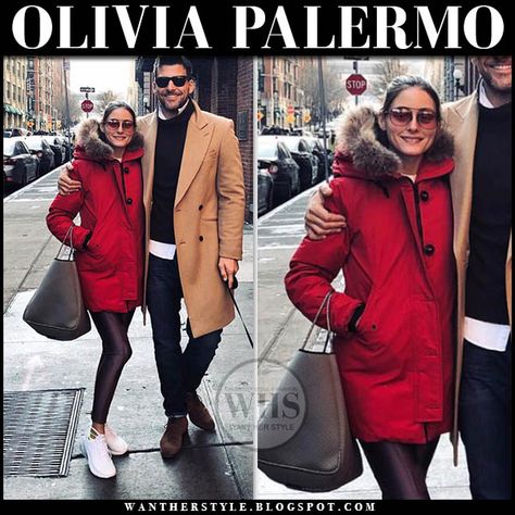 Olivia Palermo in red fur trimmed hood parka, leggings and red sunglasses #fashion #style #celebrity #winter #outfit #outerwear #coat #johanneshuebl #casual #offduty Red Parka Outfit, Woolrich Parka Outfit, Olivia Palermo Winter Style, Red Sunglasses Outfit, Canada Goose Women Outfits, Parka Street Style, Olivia Palermo Style Winter, Olivia Palermo Winter, Red Winter Jacket