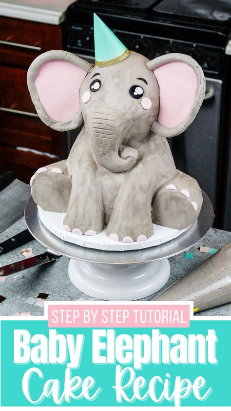 This elephant cake is just fun to make as it is eat! It's made with pink funfetti cake layers, frosted with a naturally grey buttercream frosting, and decorated to look just like an adorable baby elephant. Baby Elephant Cake, Bubble Tea Straws, Homemade Buttercream, Elephant Cake, Elephant Cakes, Recipe Tutorial, Elephant Birthday, Natural Food Coloring, Cake Layers