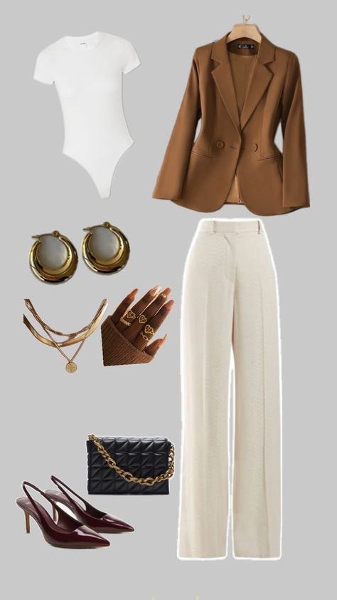 Corporate outfit with a Brown blazer and white smart trousers. Brown Blazer Outfit, Corporate Outfit, Blazer Outfit, Corporate Outfits, Brown Blazer, Smart Trousers, Stylish Work Outfits, Blazer Outfits, Work Outfit