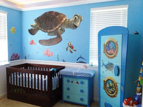 finding memo themed baby room Turtle Mural, Finding Nemo Nursery, Nemo Nursery, Sea Nursery Theme, Baby Boy Room Colors, Sea Gender, Finding Nemo Baby, Disney Themed Nursery, Nursery Ideas Boy