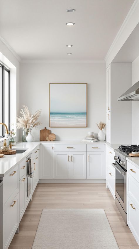 Coastal Kitchen Ideas Beach Inspired Kitchen Coastal Style, Modern Coastal Kitchen Cabinets, Coastal Neutral Kitchen, Coastal Galley Kitchen, Coastal Aesthetic House, Small Beach House Kitchen, Coastal Kitchen Cabinets, Small Coastal Kitchen, White Coastal Kitchen