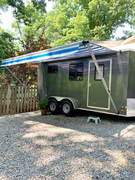 Nomadic Aesthetic, Converted Cargo Trailer, Utility Trailer Camper, Cargo Camper, Striped Awning, Enclosed Trailer Camper, Cargo Trailer Camper Conversion, Custom Rv, Camper Build