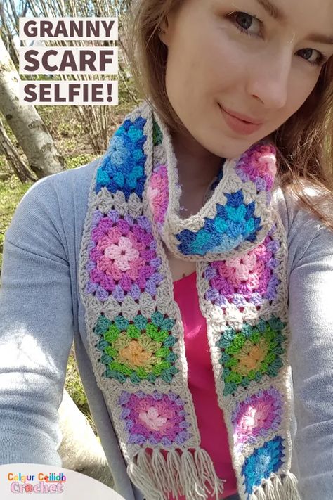 Free Crochet Granny Square Scarf Patterns, Granny Stitch Scarf Pattern Free, Granny Square Scarves, Granny Square Scarf Crochet Pattern, Crochet Granny Square Scarf Pattern Free, Granny Square Crochet Scarf, Granny Square Projects Ideas Inspiration, Crochet Scarf Granny Square, Granny Square Scarf Pattern Free