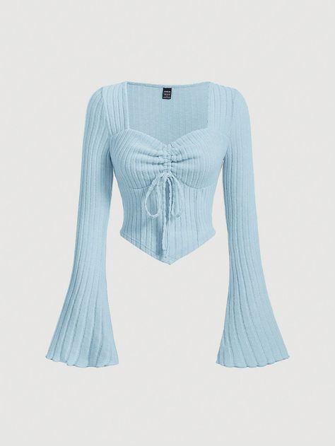 Blue Casual Collar Long Sleeve Knitted Fabric Plain  Embellished Medium Stretch  Women Clothing Cute Full Sleeve Tops, Cute Tops For Women Casual, Cute Tops Long Sleeve, Ribbed Shirt Outfit, Beautiful Top Designs, Blue Casual Outfits, Cute Top Outfits, Blue Outfit For Women, Soft Blue Outfit