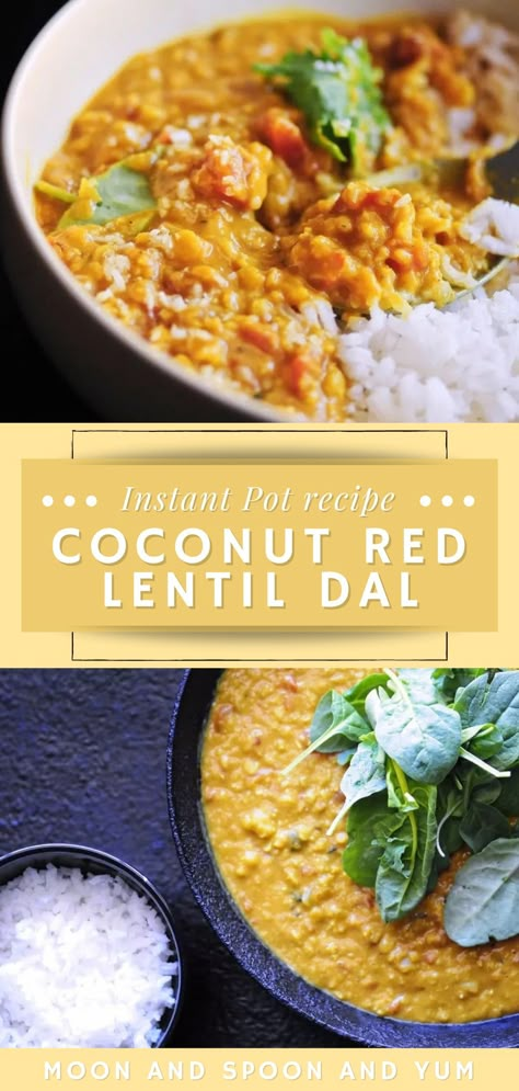 Spicy Red Lentil Dal Instant Pot Recipe (Vegan & Gluten-Free) - Cozy up with this quick, easy, & tasty one pot spicy coconut red lentil dahl that is made with red lentils, coconut milk, tomatoes, garlic, onion and the perfect blend of Indian spices. It makes a most delicious gluten-free, vegan dish served alongside some basmati rice or naan bread! You can make this easy dal in the Instant Pot pressure cooker or on the stovetop! Spicy Dal, Dal Instant Pot, Lentils Coconut Milk, Red Lentil Dahl Recipe, Coconut Dal, Lentil Dal Recipe, Dahl Recipe, Lentil Dal, Glutenfree Recipe