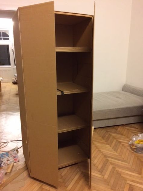 Cardboard Cupboard sofa packaging - IKEA Hackers Cardboard Wardrobe Diy, Cardboard Closet, Ice Cream Stick Craft Decoration, Cardboard Cabinet, Cardboard Wardrobe, Diy Ice Cream Stick, Cardboard Furniture Design, Cupboard Organiser, Cardboard Box Diy