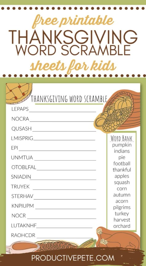 Thanksgiving Word Scramble, Thanksgiving Activity For Kids, Word Scramble For Kids, Fun Thanksgiving Games, Free Printable Thanksgiving, Thanksgiving Kids Table, Thanksgiving Games For Kids, Thanksgiving Worksheets, Thanksgiving School