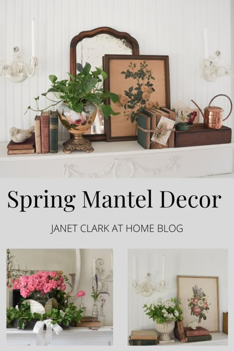 Mantel Decorating Ideas Cottage Style, French Country Mantel Decor, French Mantle Decorating Ideas, Classic Mantel Decor, Mantle Bookshelf Decorating Ideas, Kitchen Mantel Decor, Cottage Mantel Decor, English Country Mantle Decor, Books On Mantle Decor