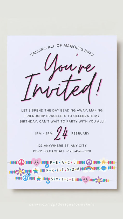 Colorful Fun Friendship Bracelet Party Kids Birthday Invitation Friends Party Invitation Cards, Birthday Invitation Quotes, Chaat Party, Kids Birthday Invitation Template, Eid Photography, Mini Art Journal, Kids Birthday Invitation, Bracelet Party, Etsy Branding