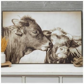 Dimensions: 24" H x 36" W x 1.31" D Material: Canvas & MDF Shape: Rectangle Color: Brown, White & Cream Orientation: Horizontal Includes: 2 D-Rings Care & Safety: Do Not Hang With Wire Quantity: 1 Sweeten up your space with this Gentle Kiss Canvas Wall Decor. This piece features a gray wood grain frame and a canvas background that shows two realistic cows in the center. The bigger cow is giving the little cow a gentle lick on the side of its face. Use this artwork to bring a heartfelt look to yo Hobby Lobby Cow Wall Art, Kiss Canvas, Cow Kitchen Decor, Cow House, Hobby Lobby Decor, Spring Wall Decor, Art Hobby, Highland Cow Canvas, Wall Decor Hobby Lobby