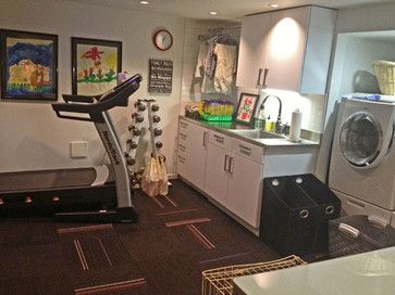 Home Gym Design Ideas, Pictures and Remodels Laundry Gym Combo, Workout Room Design, Home Gym Design Ideas, Gym Design Ideas, Basement Redo, Garage Laundry, Basement Gym, Room Gym, Man Cave Basement