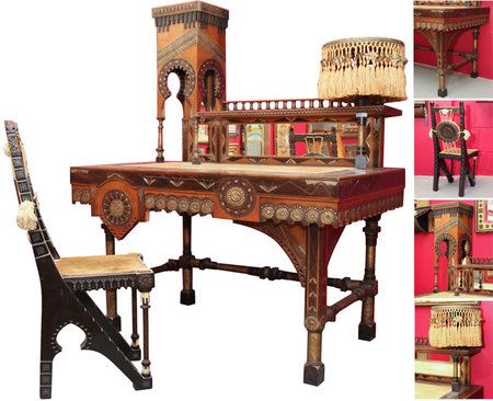 "Mosquée" Desk and Chair by Carlo Bugatti for $100,000 : Luxurylaunches Carlo Bugatti, Steampunk Furniture, Antique Writing Desk, Fantasy Furniture, Art Nouveau Furniture, Antique Sewing Table, Desk And Chair, Antique Desk, Funky Furniture